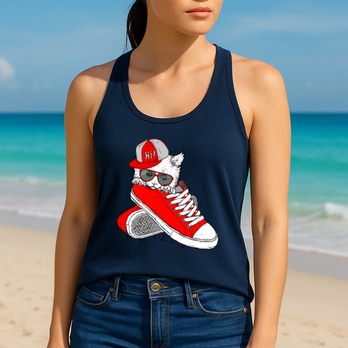 Cat In Red Sneakers Womens Tank Top