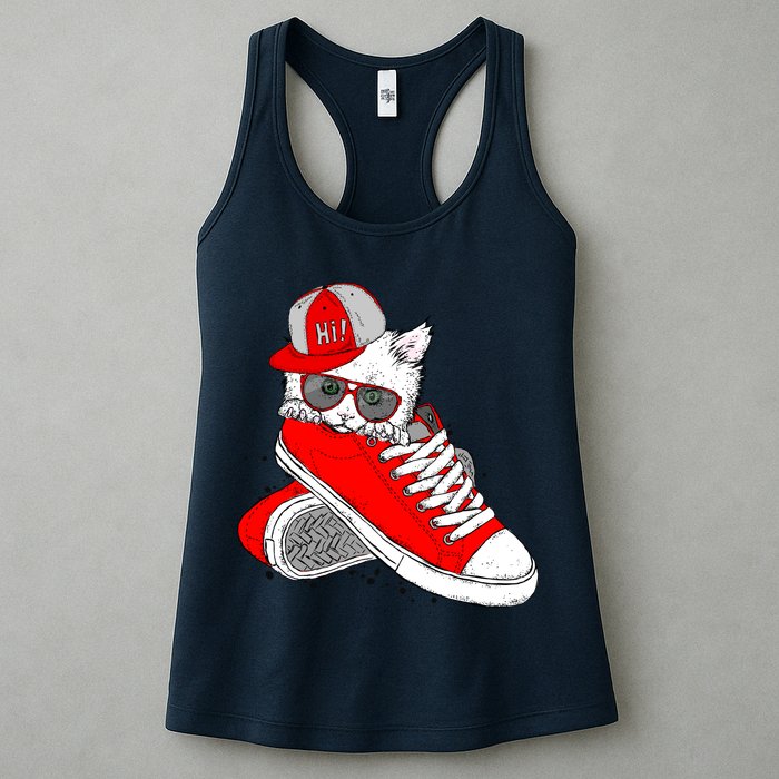 Cat In Red Sneakers Womens Tank Top