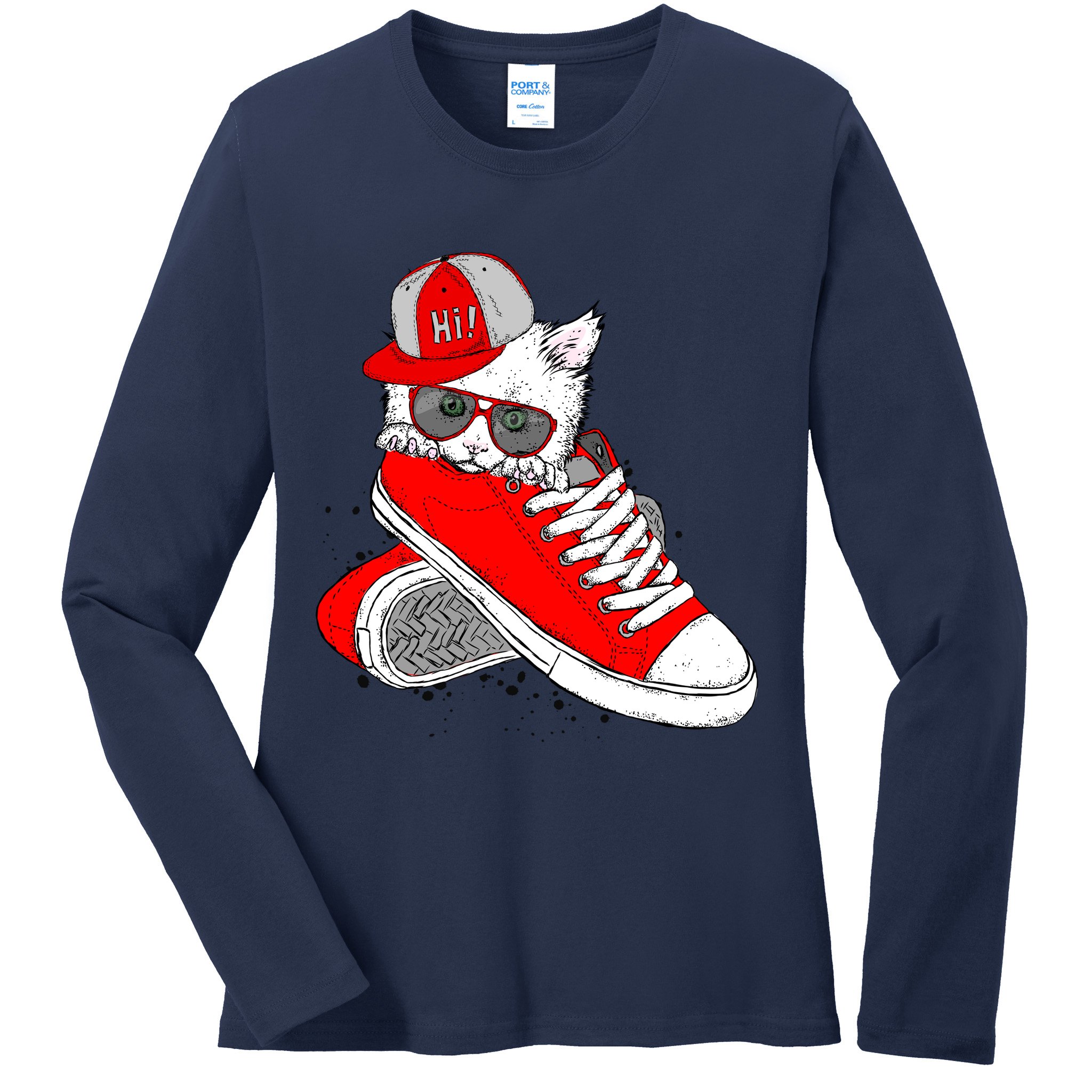 Cat In Red Sneakers Ladies Long Sleeve Shirt