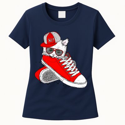 Cat In Red Sneakers Womens T-Shirt