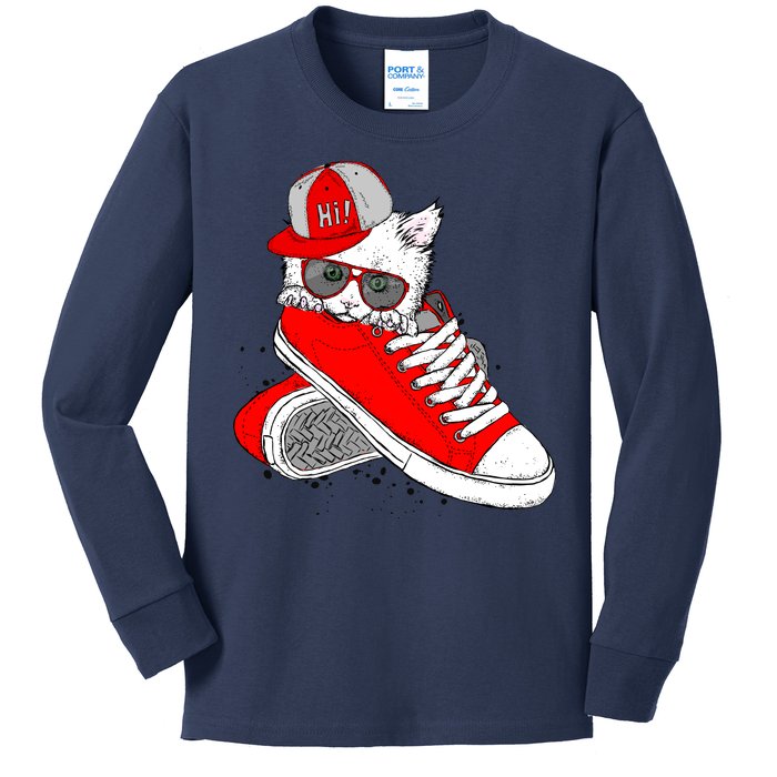 Cat In Red Sneakers Kids Long Sleeve Shirt