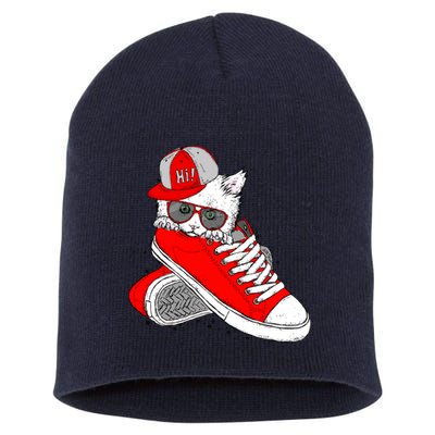 Cat In Red Sneakers Short Acrylic Beanie