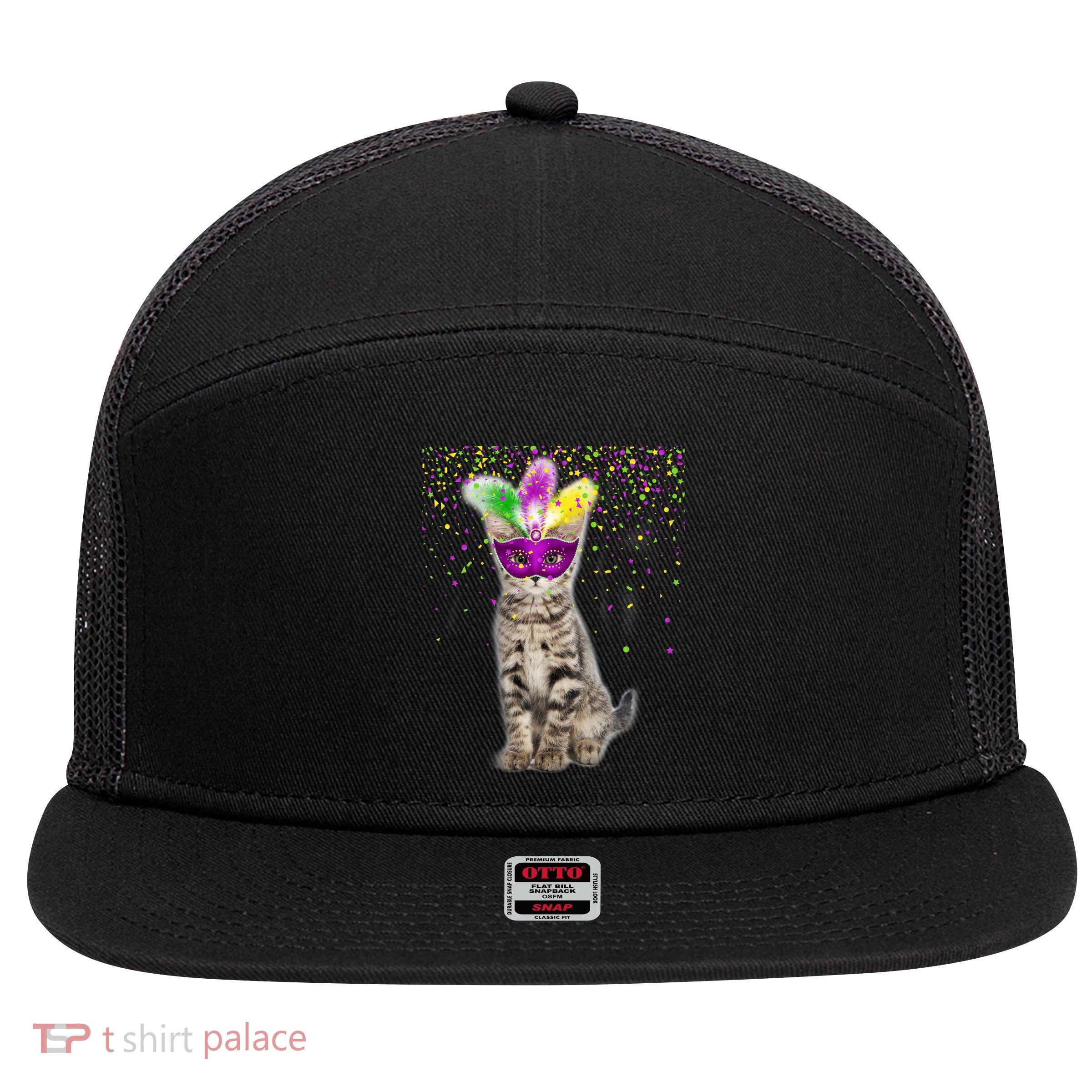 Cat Mardi Gras Mask and Beads 7 Panel Mesh Trucker Snapback Hat