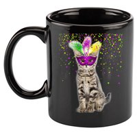Cat Mardi Gras Mask and Beads 11oz C Handle Ceramic Mug