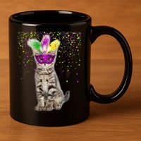 Cat Mardi Gras Mask and Beads 11oz C Handle Ceramic Mug