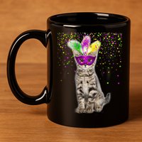 Cat Mardi Gras Mask and Beads 11oz C Handle Ceramic Mug