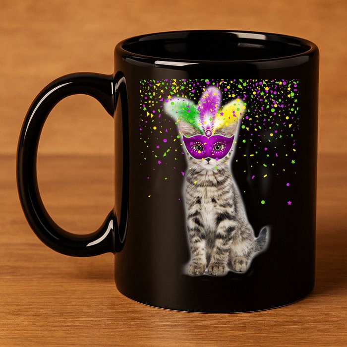 Cat Mardi Gras Mask and Beads 11oz C Handle Ceramic Mug