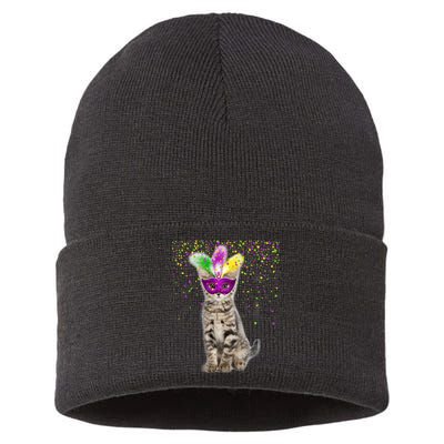 Cat Mardi Gras Mask and Beads Sustainable Knit Beanie