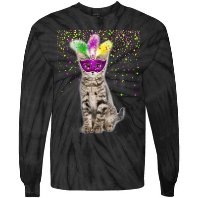 Cat Mardi Gras Mask and Beads Tie-Dye Long Sleeve Shirt