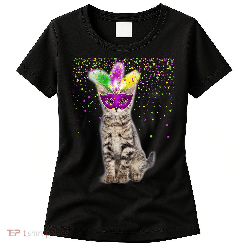 Cat Mardi Gras Mask and Beads Womens T-Shirt