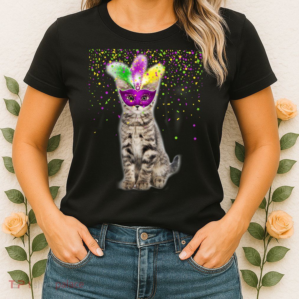 Cat Mardi Gras Mask and Beads Womens T-Shirt