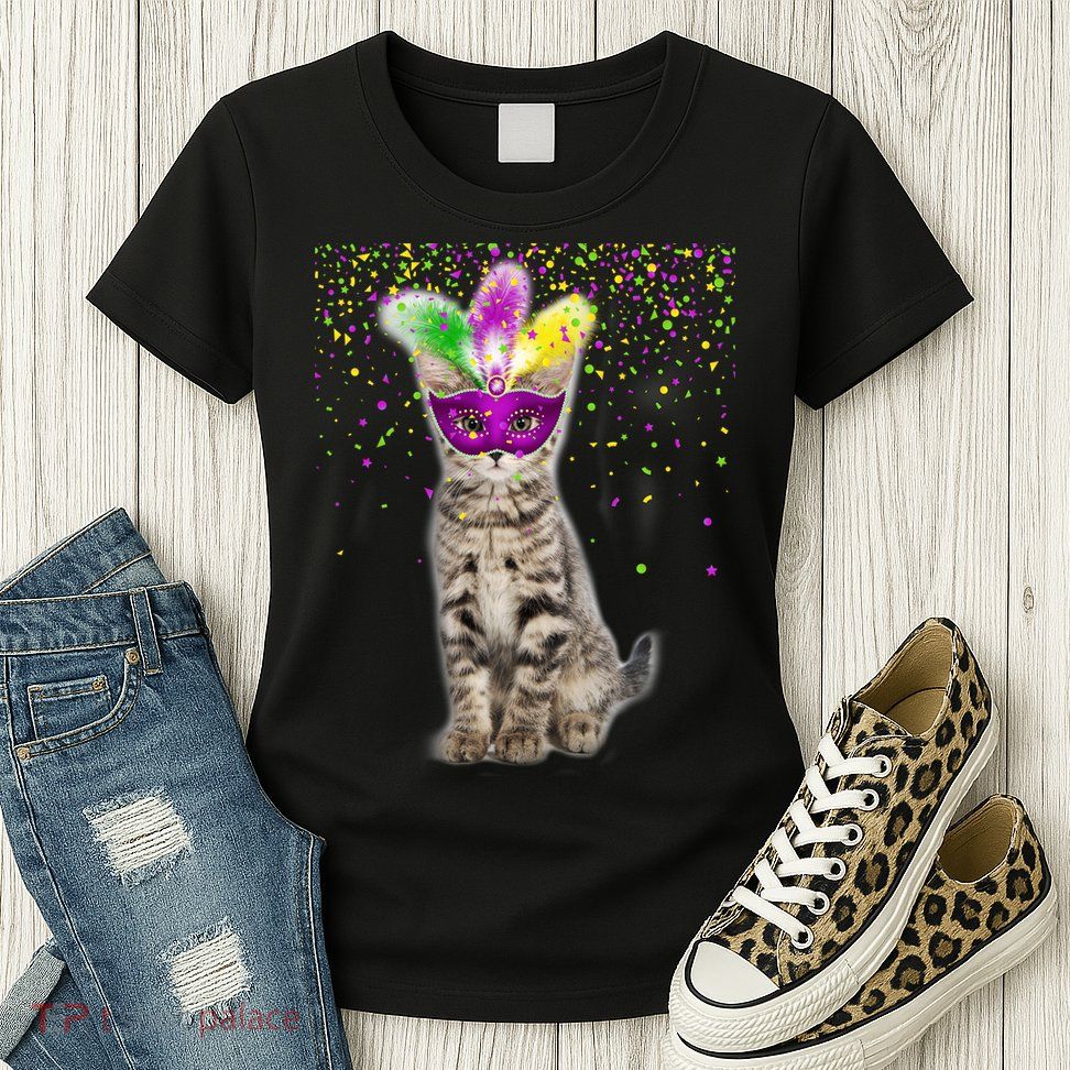 Cat Mardi Gras Mask and Beads Womens T-Shirt