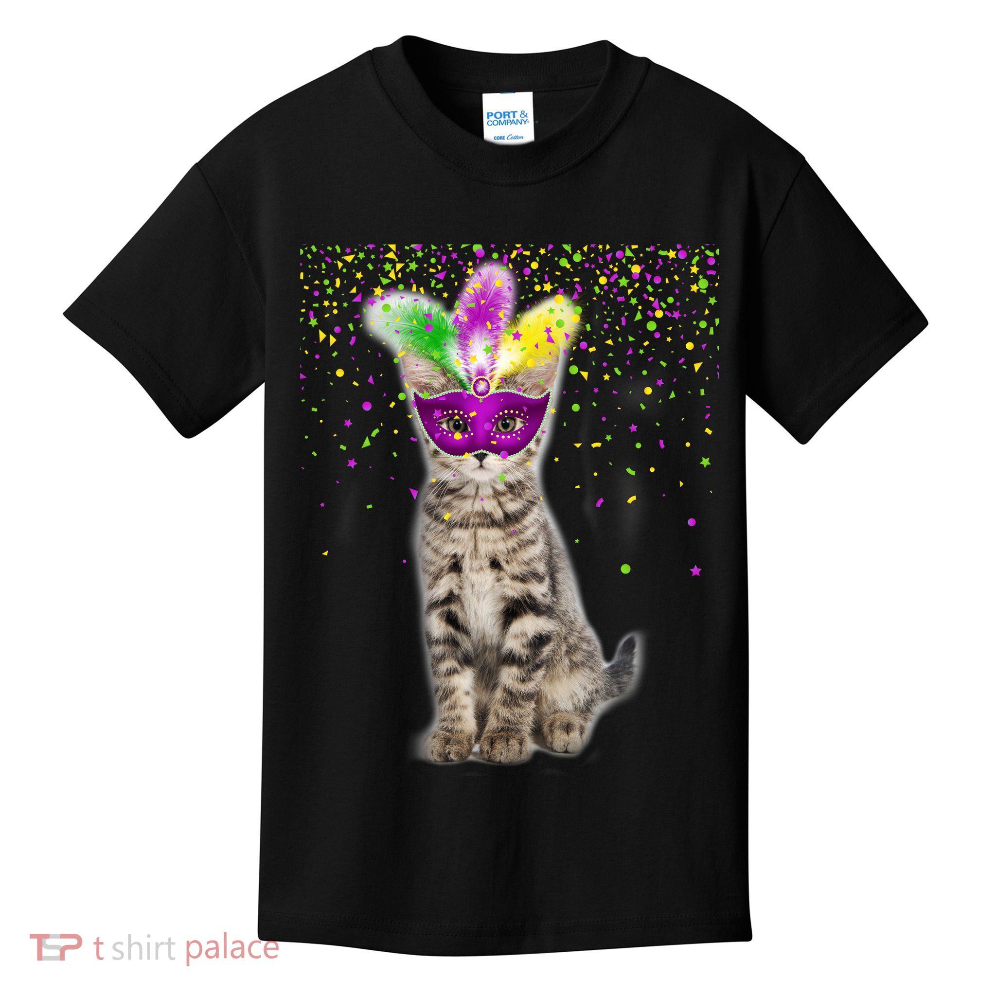 Cat Mardi Gras Mask and Beads Kids T-Shirt