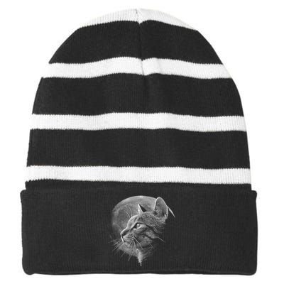 Cat Moon Striped Beanie with Solid Band