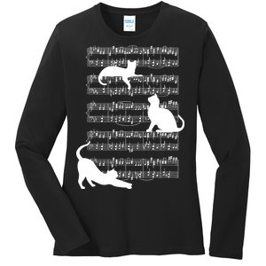 Cat Music Note Sheet Ladies Long Sleeve Shirt