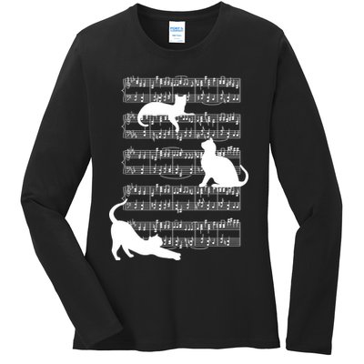 Cat Music Note Sheet Ladies Long Sleeve Shirt