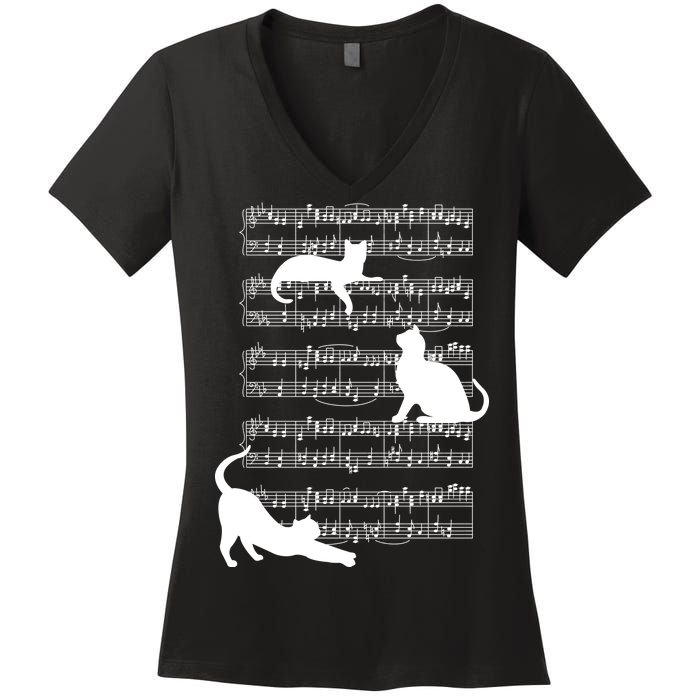 Cat Music Note Sheet Women's V-Neck T-Shirt