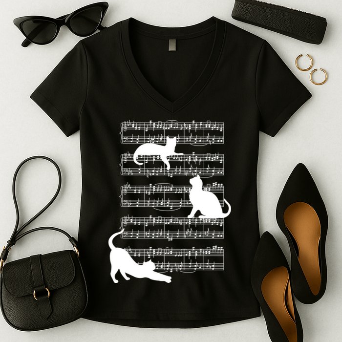 Cat Music Note Sheet Women's V-Neck T-Shirt