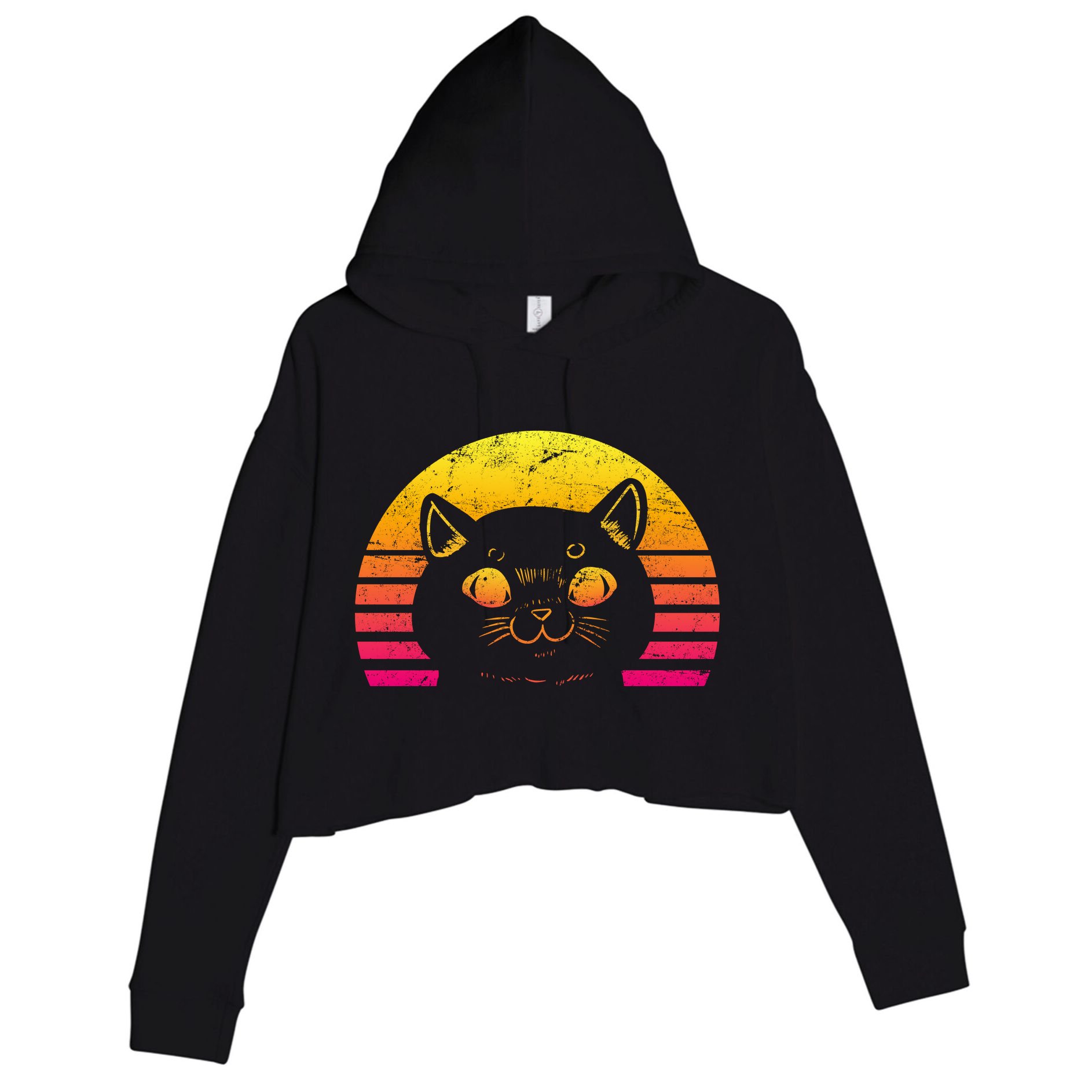 Cat Retro Sunset Crop Fleece Hoodie