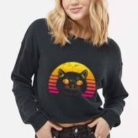 Cat Retro Sunset Cropped Pullover Crew