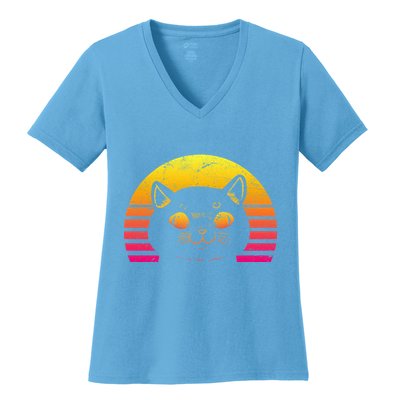 Cat Retro Sunset Women's V-Neck T-Shirt