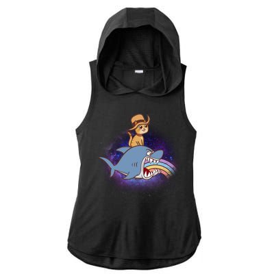 Cat Riding Shark Rainbow Bite Ladies PosiCharge Tri-Blend Wicking Draft Hoodie Tank