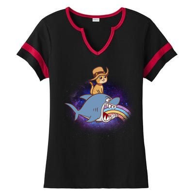 Cat Riding Shark Rainbow Bite Ladies Halftime Notch Neck Tee