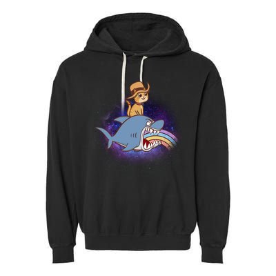 Cat Riding Shark Rainbow Bite Garment-Dyed Fleece Hoodie