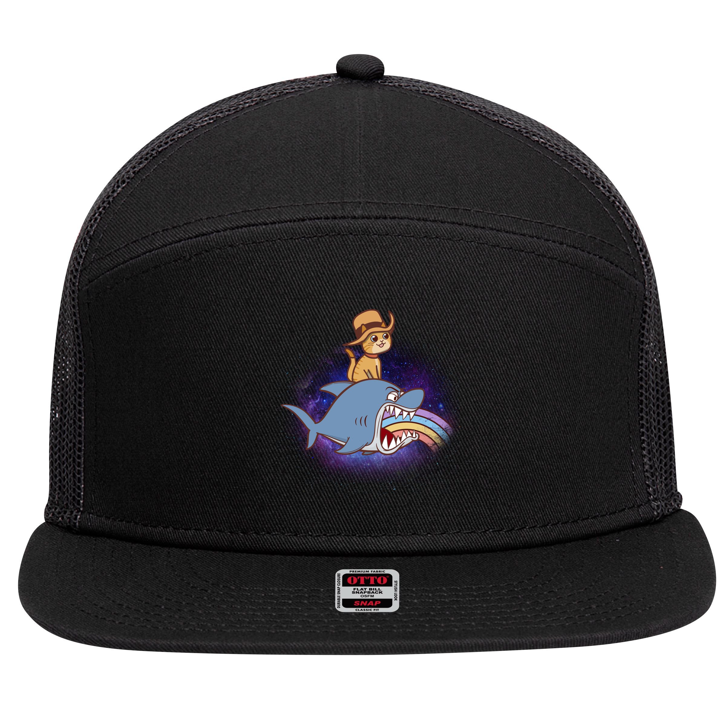 Cat Riding Shark Rainbow Bite 7 Panel Mesh Trucker Snapback Hat