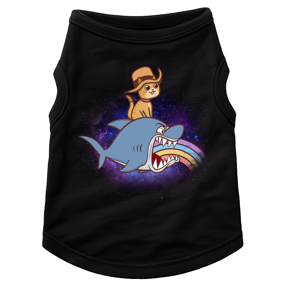 Cat Riding Shark Rainbow Bite Doggie Tank