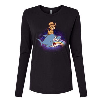 Cat Riding Shark Rainbow Bite Womens Cotton Relaxed Long Sleeve T-Shirt