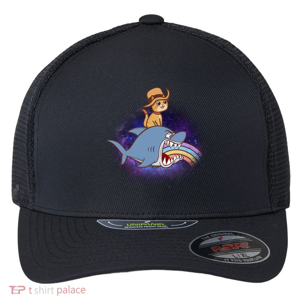 Cat Riding Shark Rainbow Bite Flexfit Unipanel Trucker Cap