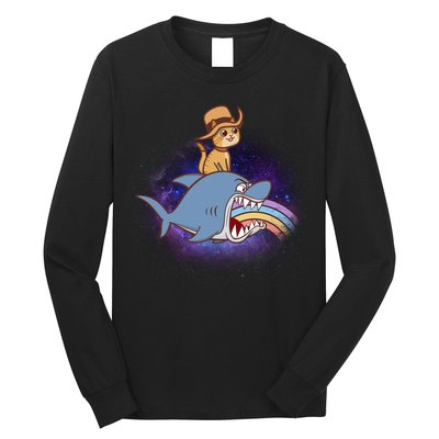 Cat Riding Shark Rainbow Bite Long Sleeve Shirt