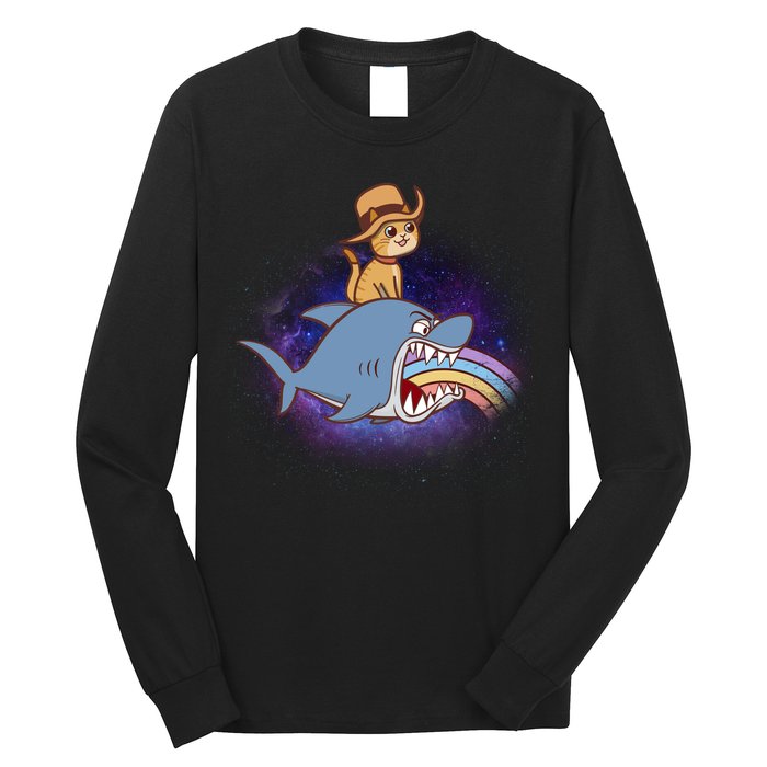 Cat Riding Shark Rainbow Bite Long Sleeve Shirt