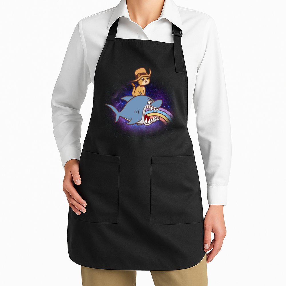 Cat Riding Shark Rainbow Bite Apron