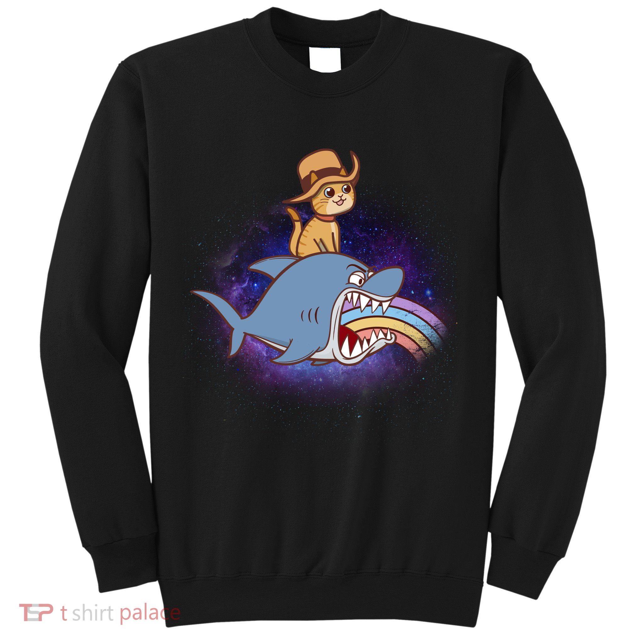 Cat Riding Shark Rainbow Bite Sweatshirt