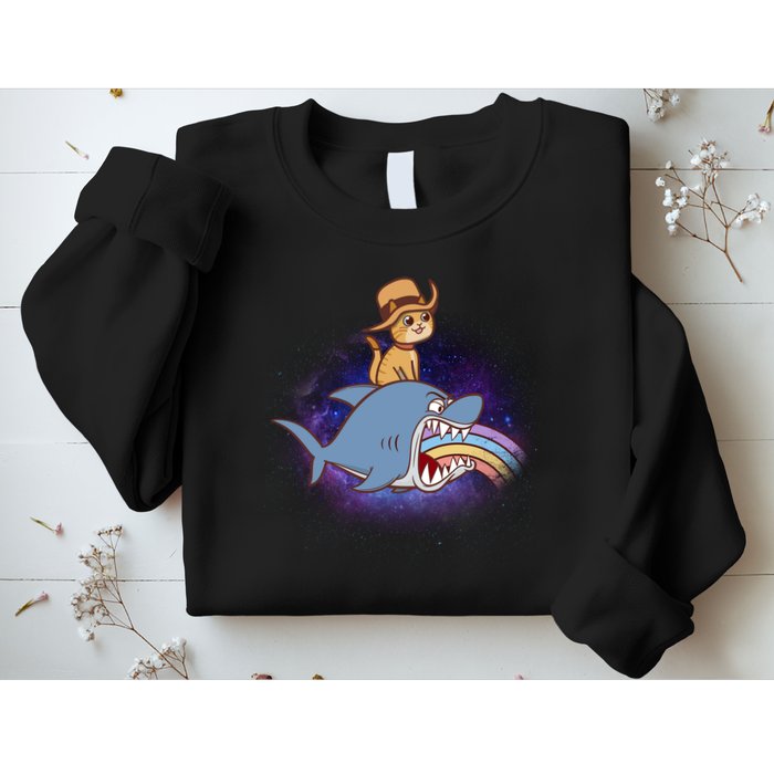 Cat Riding Shark Rainbow Bite Sweatshirt