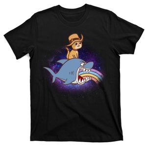 Cat Riding Shark Rainbow Bite T-Shirt