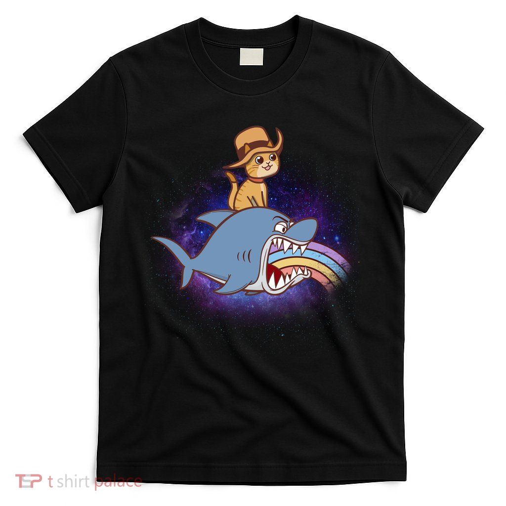 Cat Riding Shark Rainbow Bite T-Shirt