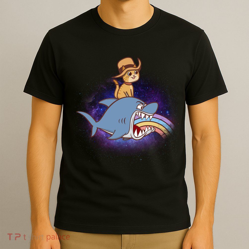 Cat Riding Shark Rainbow Bite T-Shirt