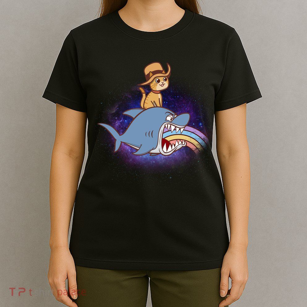 Cat Riding Shark Rainbow Bite T-Shirt