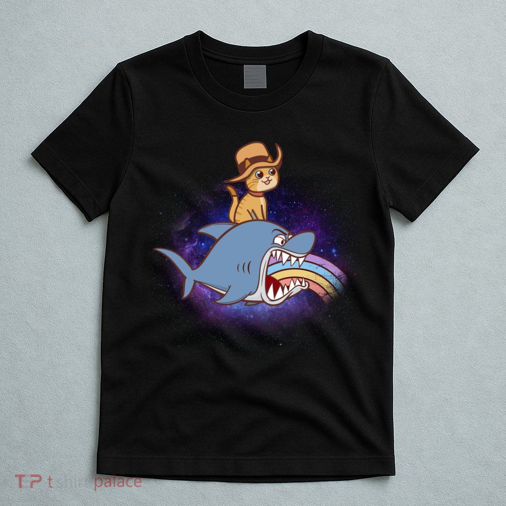 Cat Riding Shark Rainbow Bite T-Shirt