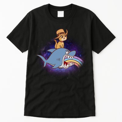 Cat Riding Shark Rainbow Bite Tall T-Shirt