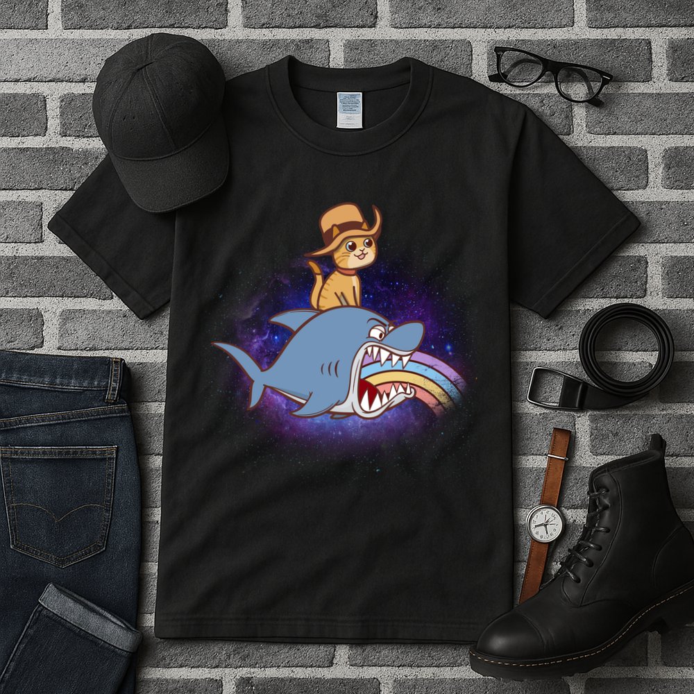Cat Riding Shark Rainbow Bite Tall T-Shirt