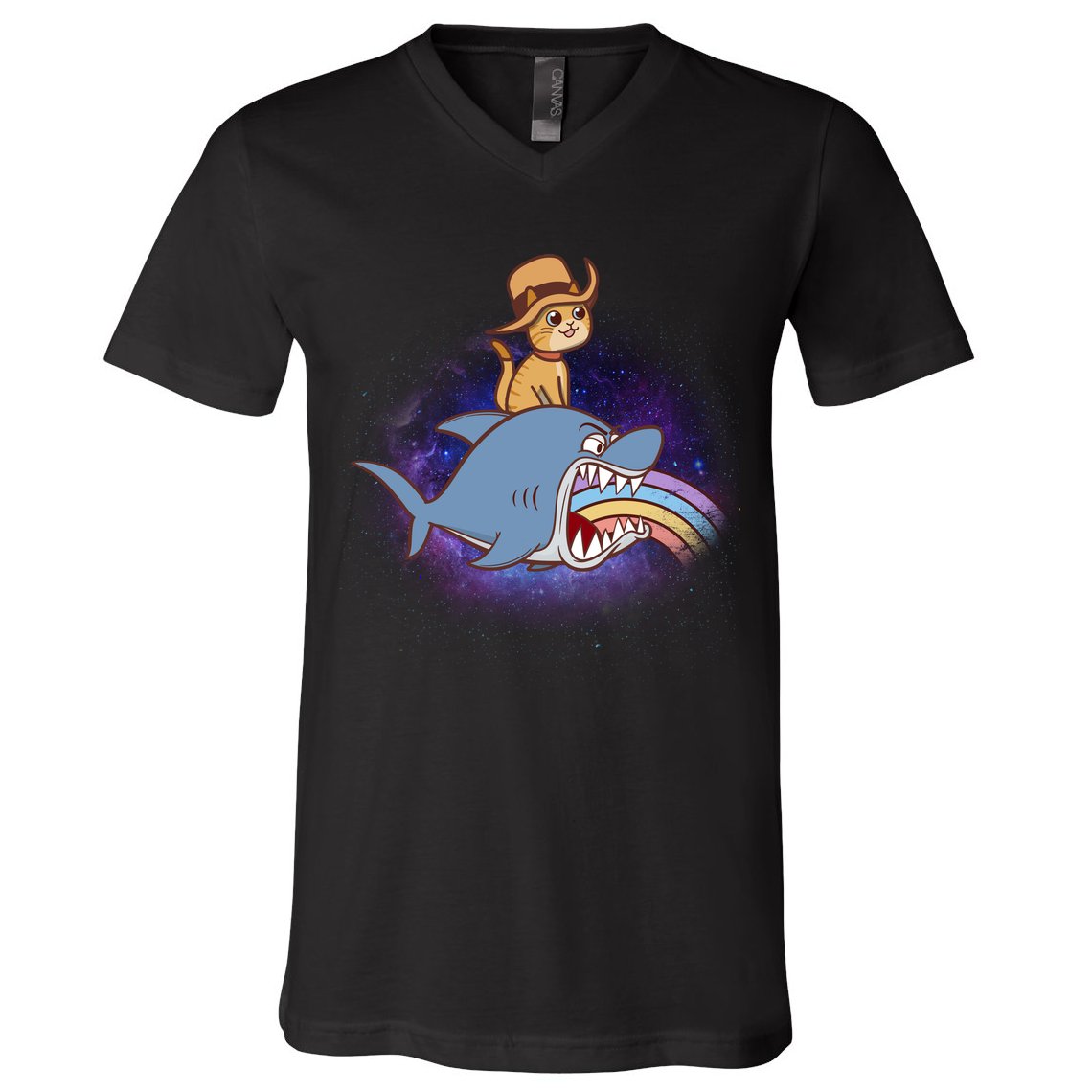 Cat Riding Shark Rainbow Bite V-Neck T-Shirt