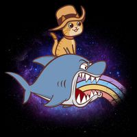 Cat Riding Shark Rainbow Bite 7-Panel Snapback Hat