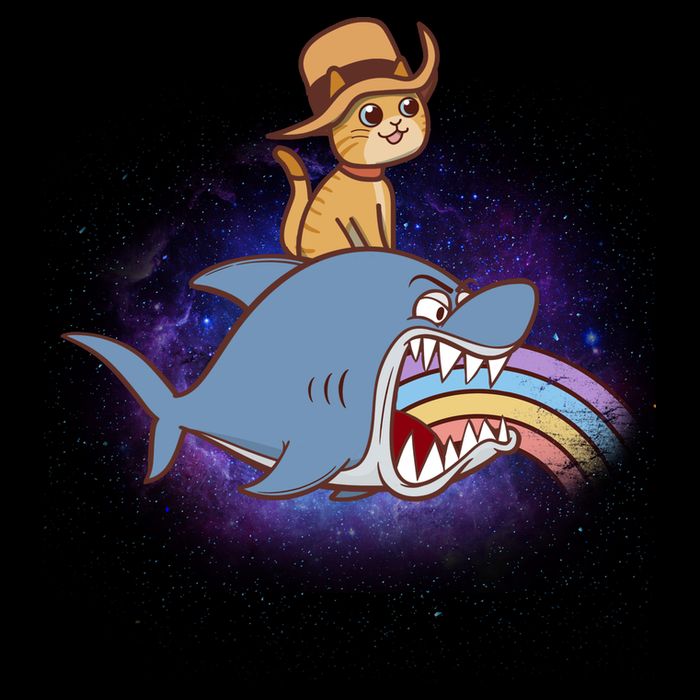 Cat Riding Shark Rainbow Bite 7-Panel Snapback Hat