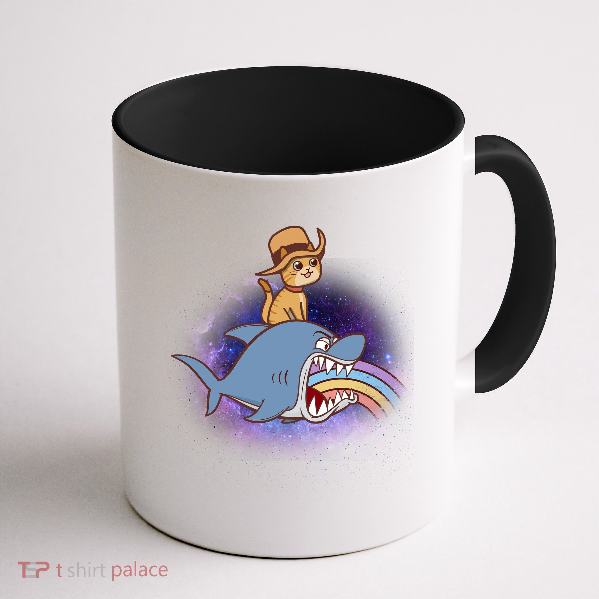 Cat Riding Shark Rainbow Bite Mug
