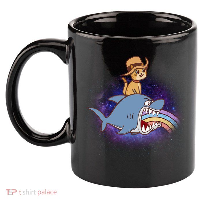 Cat Riding Shark Rainbow Bite 11oz C Handle Ceramic Mug