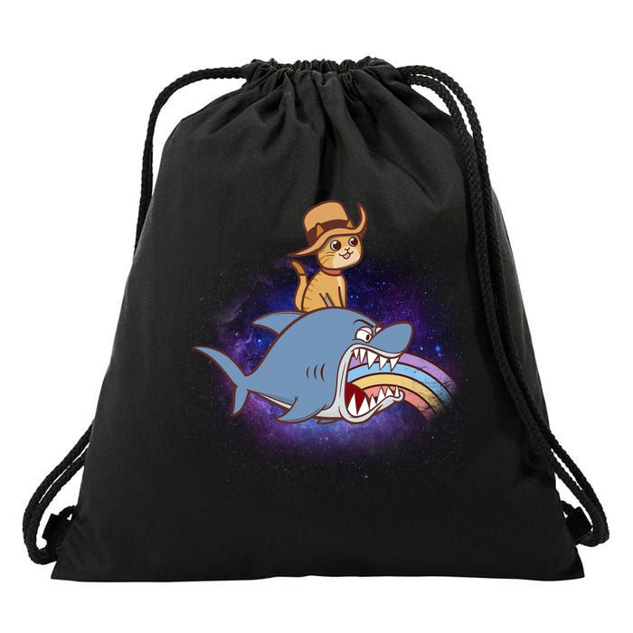 Cat Riding Shark Rainbow Bite Drawstring Bag